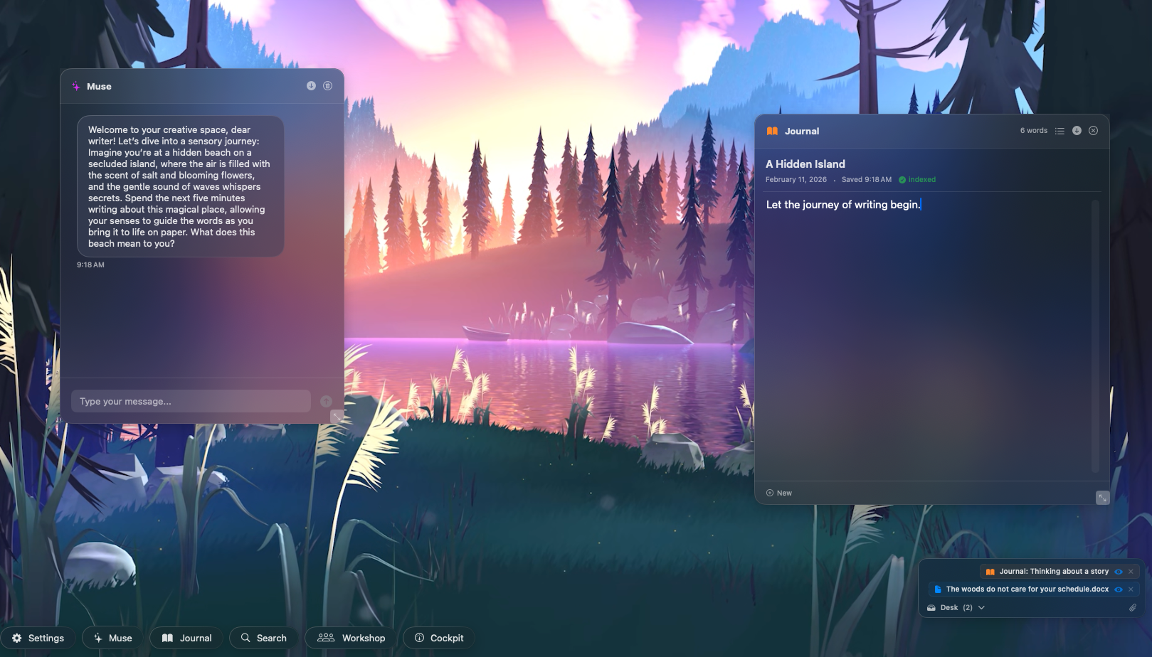 Evening Draft showing the Muse offering a creative journaling exercise alongside the Journal