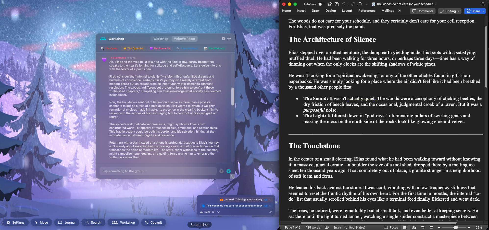 Evening Draft Workshop running alongside Microsoft Word with a story draft