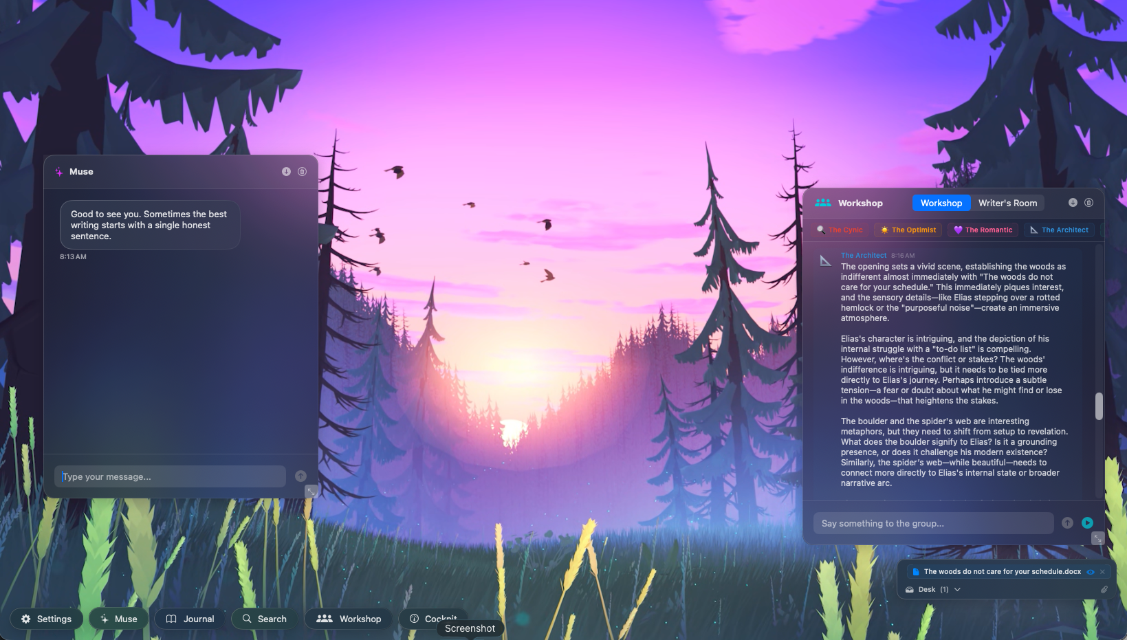 Evening Draft app interface showing Muse and Workshop windows over a cinematic landscape
